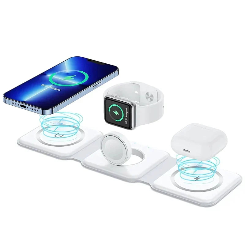 3-in-1 Foldable MagSafe &  Compatible Wireless Charger with 15W Fast Charging for iPhone, AirPods & Apple Watch