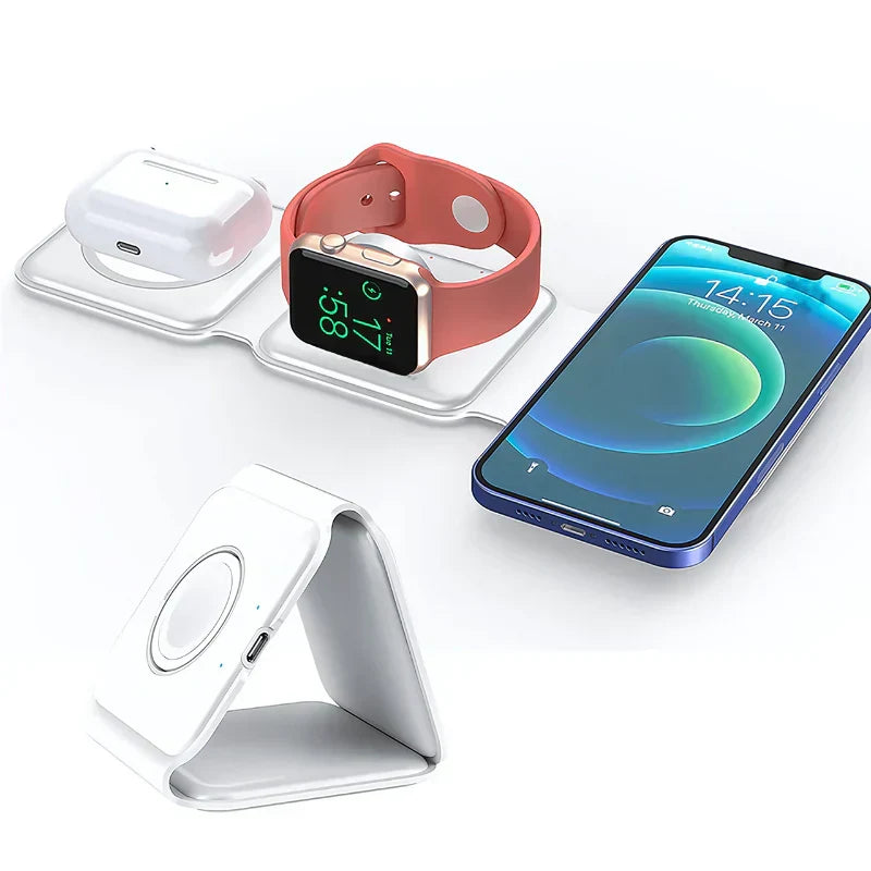 3-in-1 Foldable MagSafe &  Compatible Wireless Charger with 15W Fast Charging for iPhone, AirPods & Apple Watch