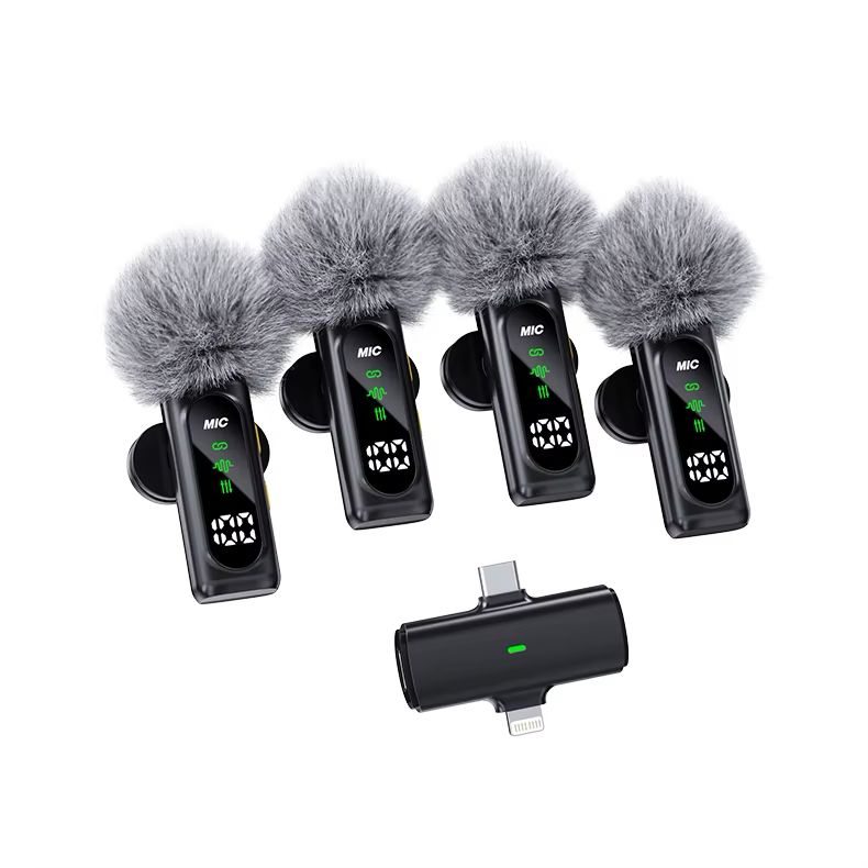 Latest T90 High Quality Portable 2.4G Wireless Lightweight Lavalier Microphone 4 Mic Digital Display Noise Cancelling